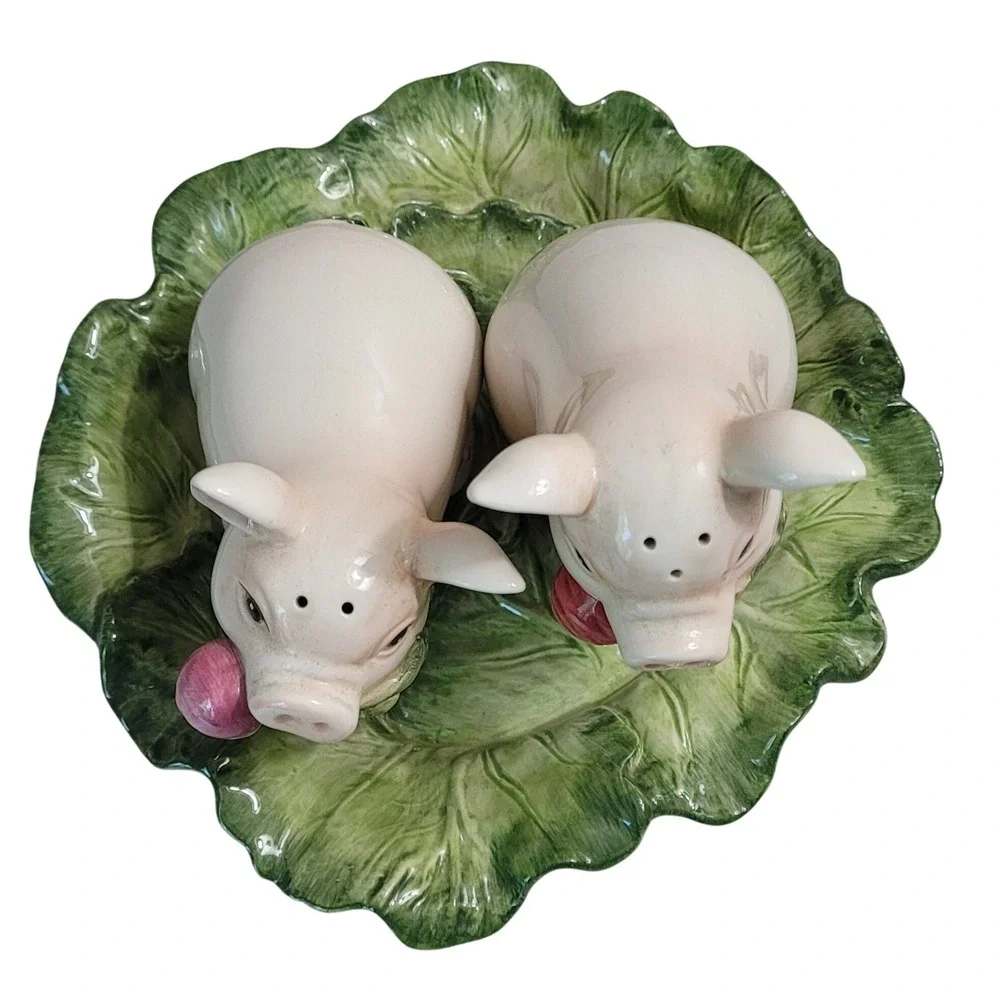 Fitz and Floyd French Market Pig Salt Pepper Shakers Cabbage Tray Set Ceramic